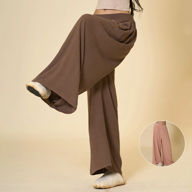 诗意花朵现代舞裤云朵棉麻裤美拉德穿搭焦糖咖柔雾粉阔腿裤练功裤