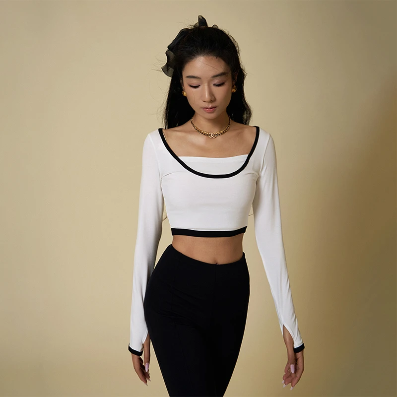 诗意花朵现代舞蹈服小香风上衣柔软亲肤黑白撞色2023新款练功服