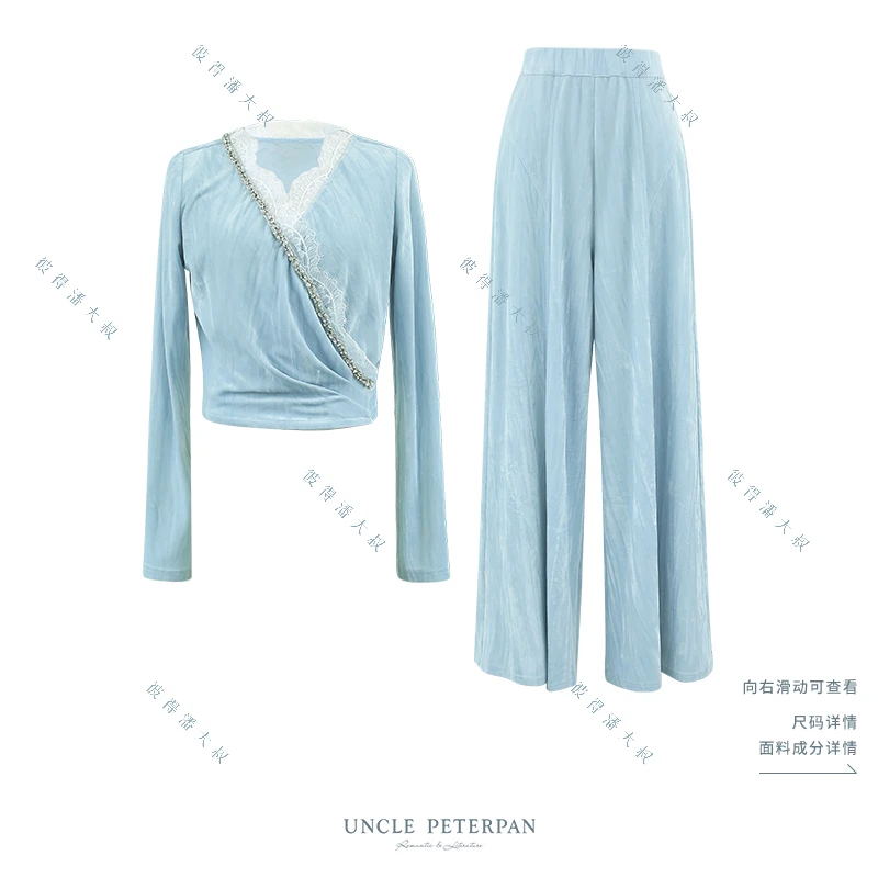 《莱茵河畔》法式舒适亲肤丝绒面料蕾丝卡钻装饰上衣长裤彼得潘大叔