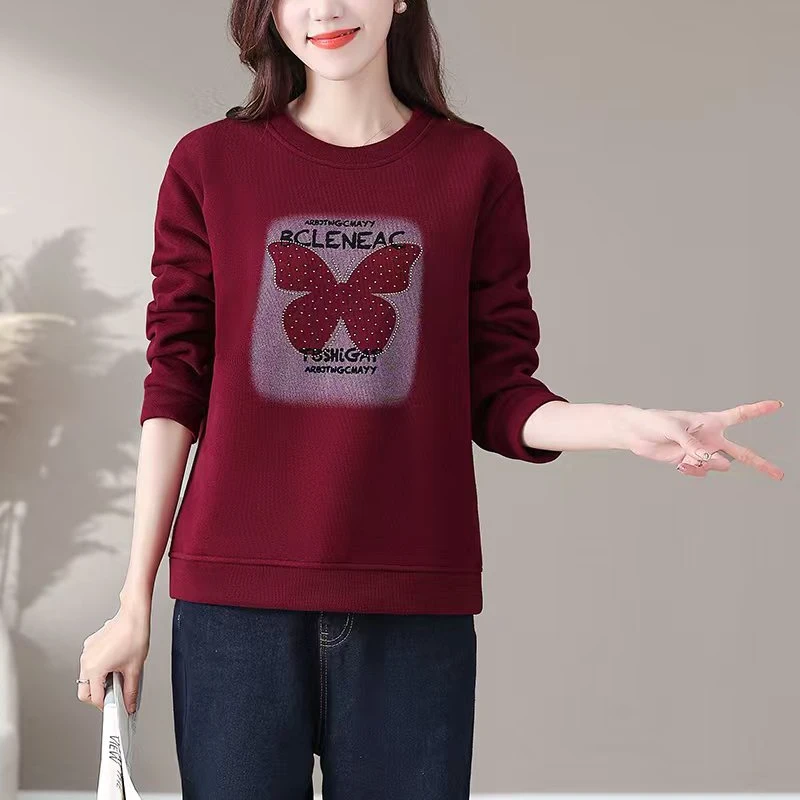 新款加绒加厚长袖圆领时尚百搭好看卫衣设计感烫钻时尚百搭小衫