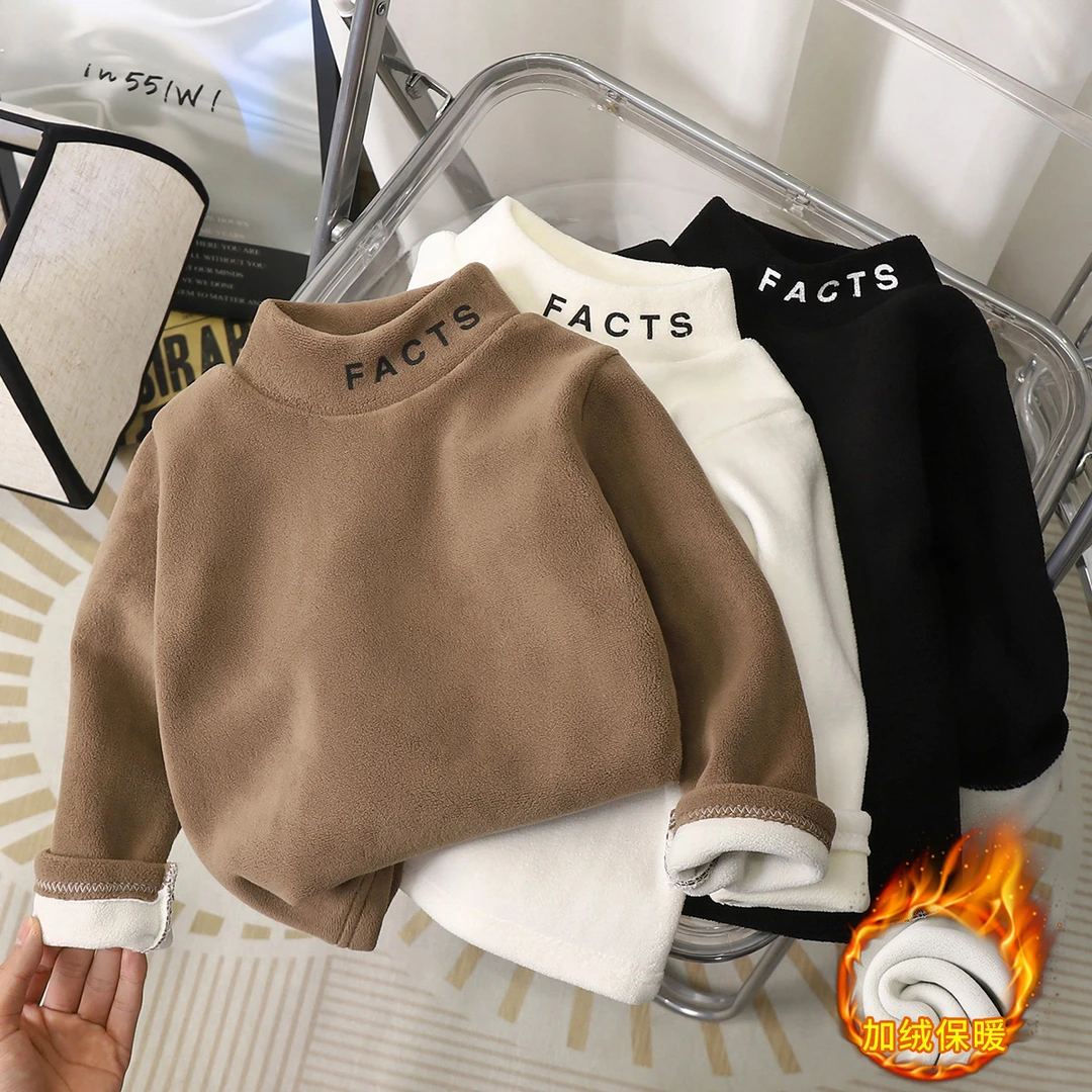 儿童加绒打底衫加厚奥利绒高领长袖t恤男女童洋气加厚保暖上衣