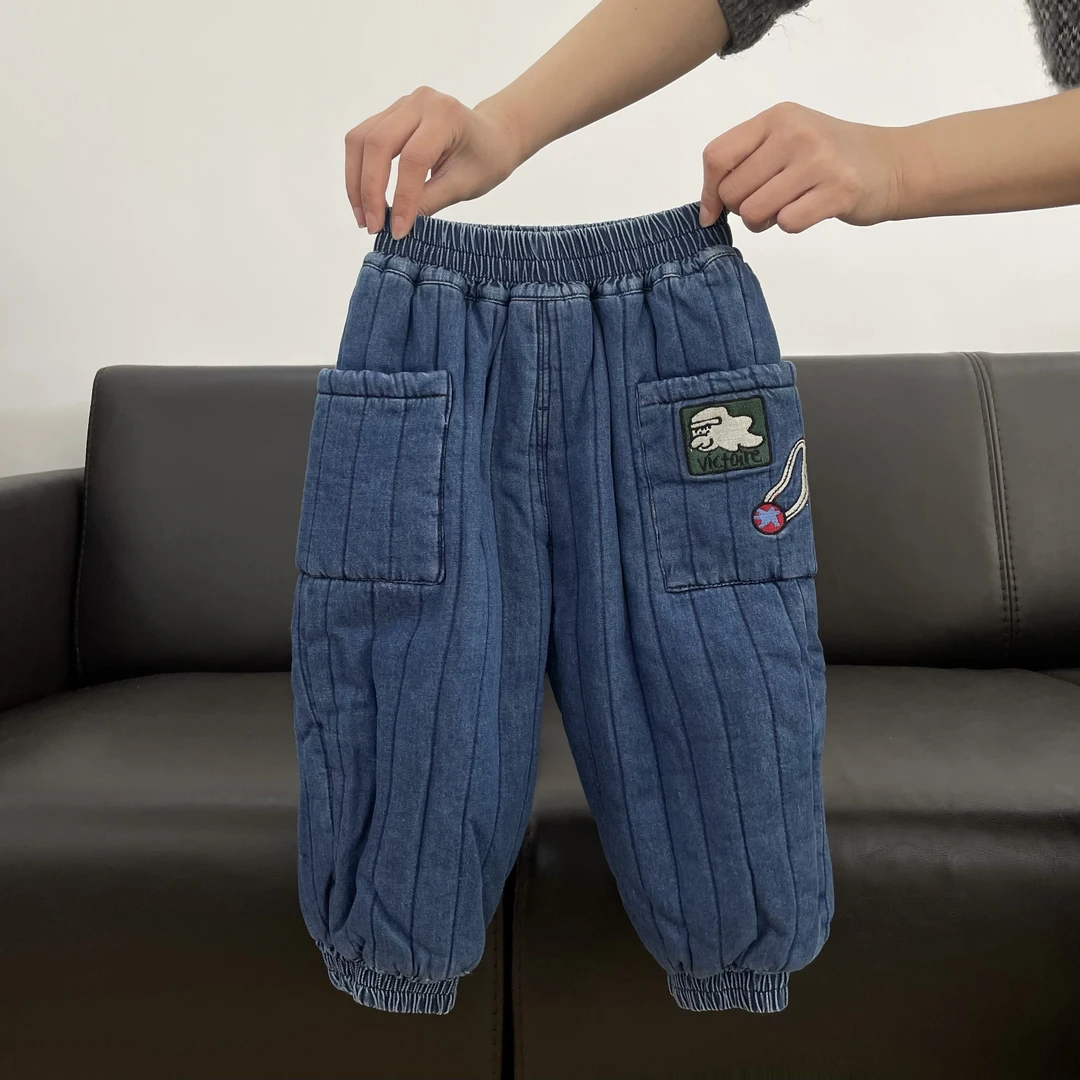 深蓝色竖条软牛仔夹棉长裤