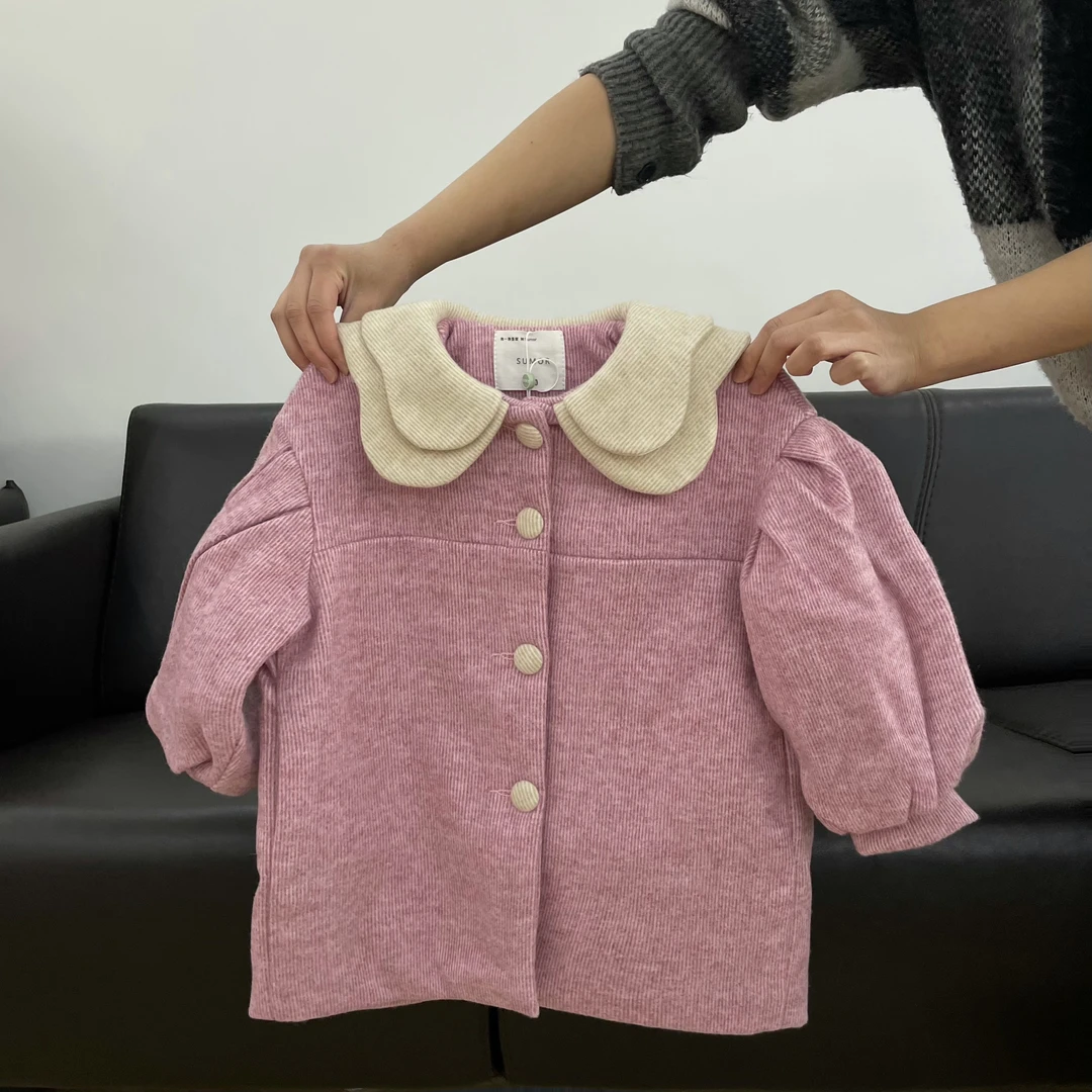 粉色双层白翻领 花边娃娃领大衣外套