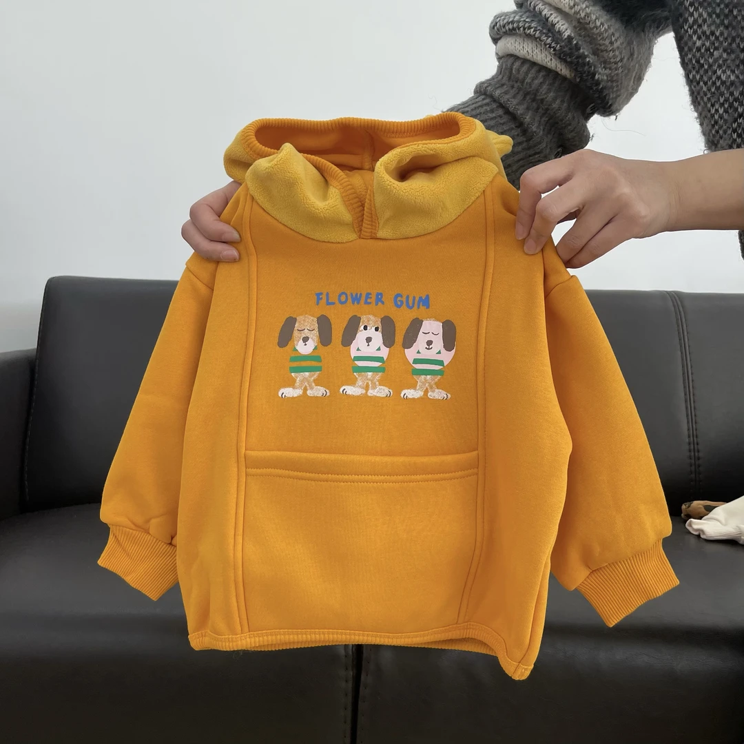 小狗印花连帽兜兜卫衣黄色加绒小狗帽子