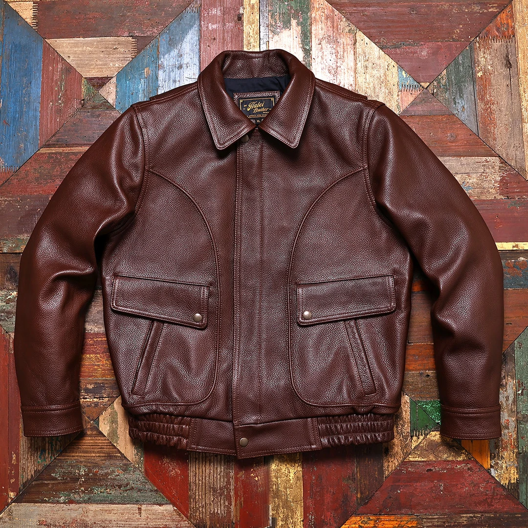 经典港风复古红棕飞行服蜡染真皮皮衣男大码外套男士短款L-9棕