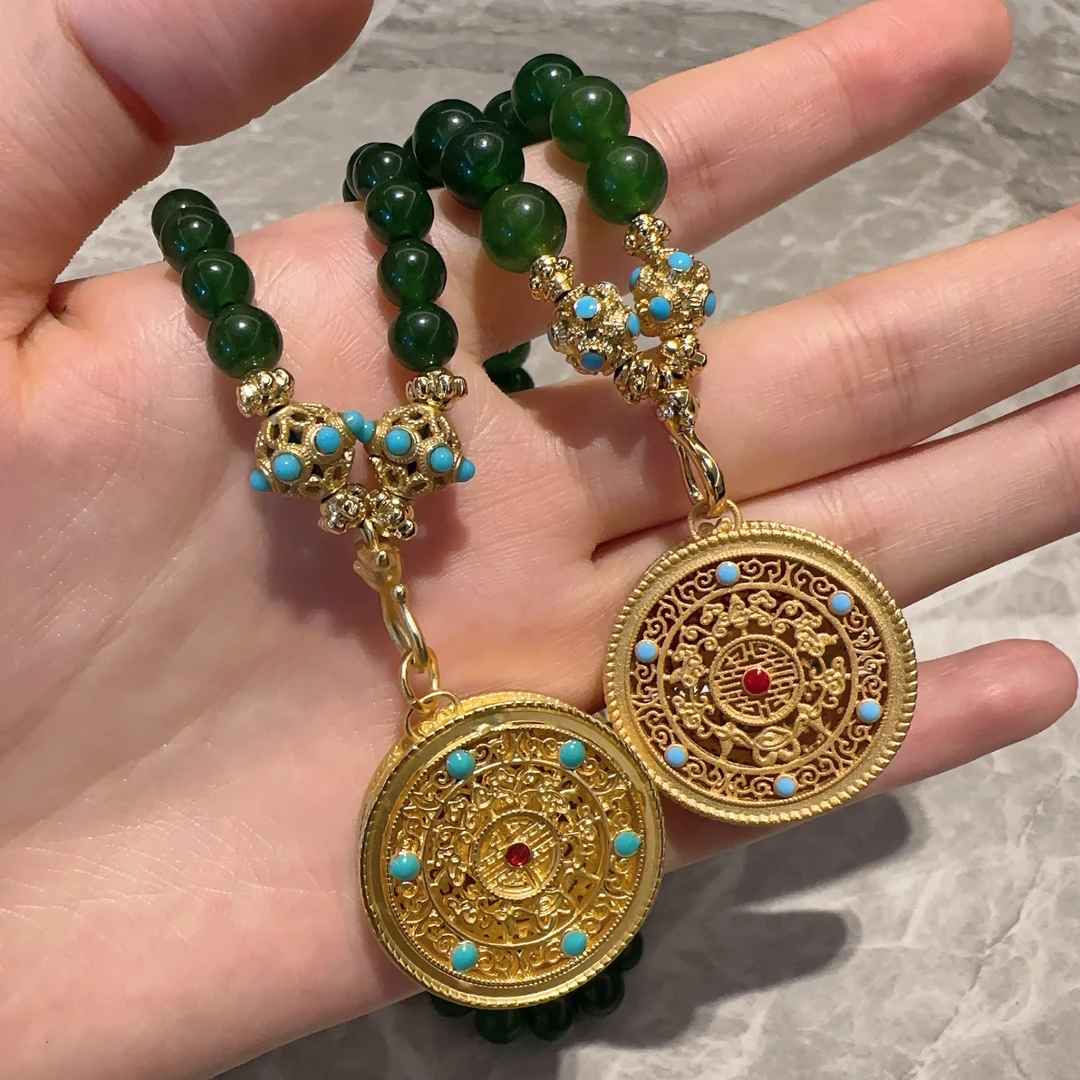 铜合成锆石项链 古法工艺国风百搭碧波绿串珠项链