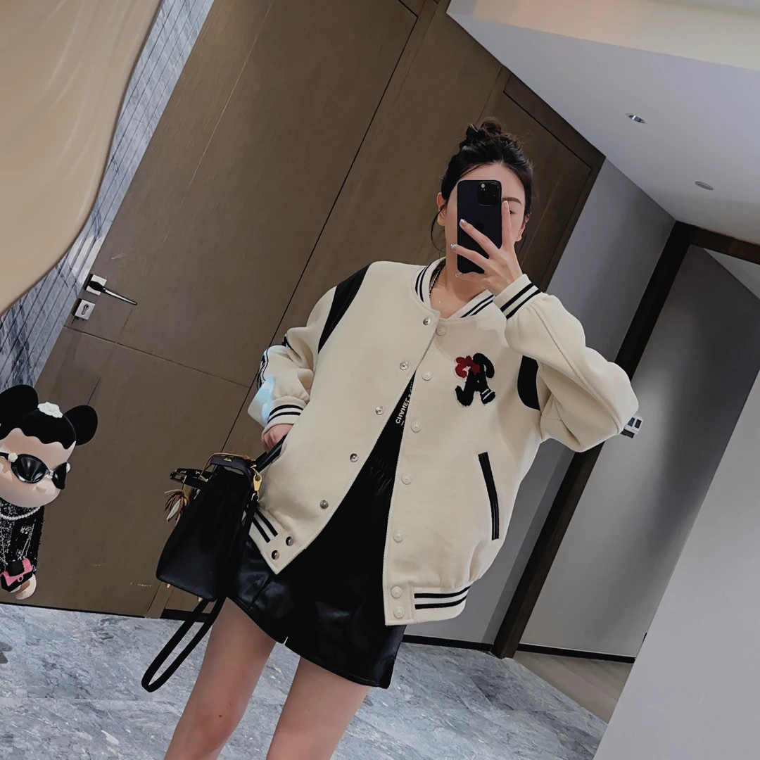 BAGALIO美式复古设计感百搭宽松撞色粗纺刺绣羊毛棒球服外套2257