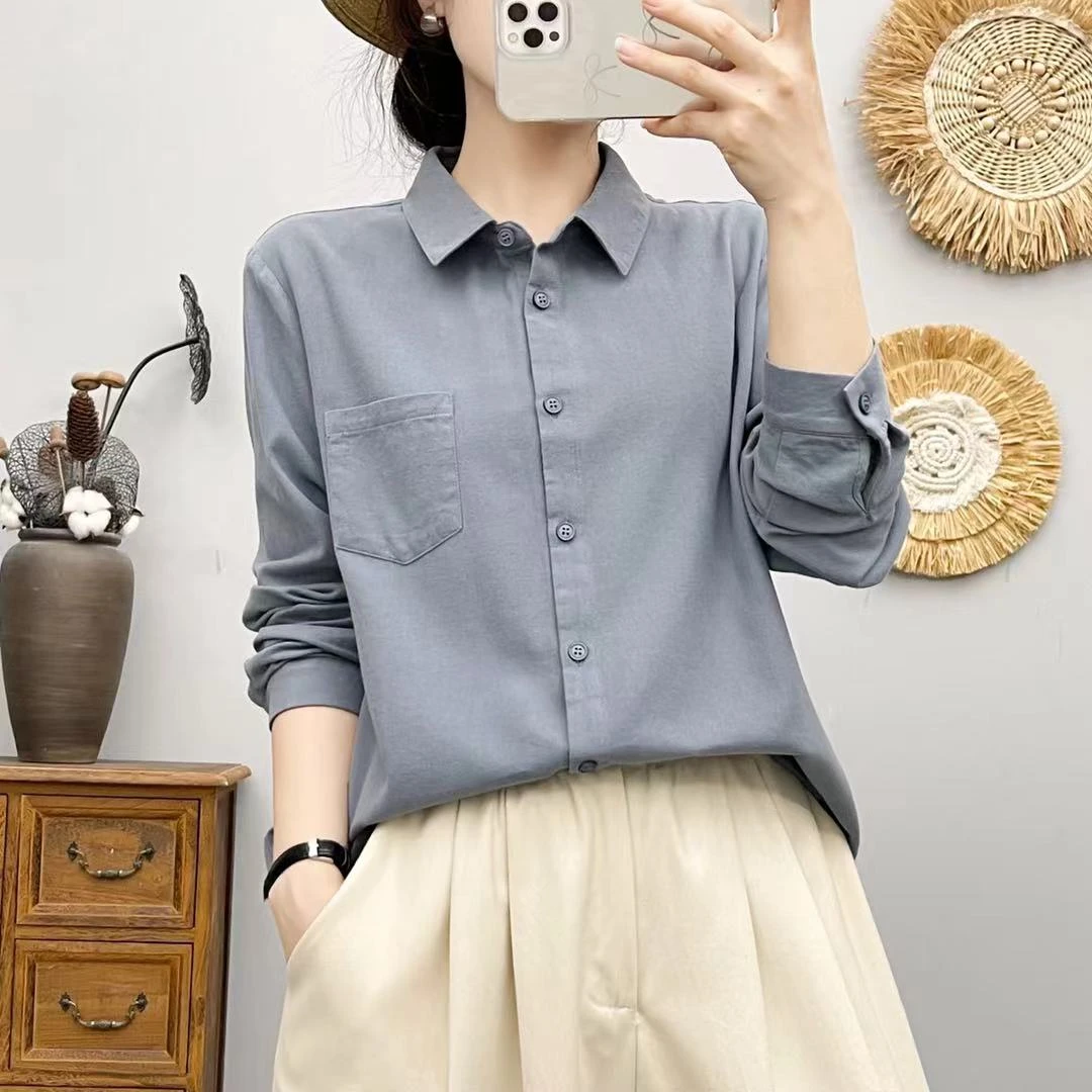 秋冬纯棉斜纹磨毛时尚厚款文艺保暖衬衫宽松百搭复古长袖纯色衬衣