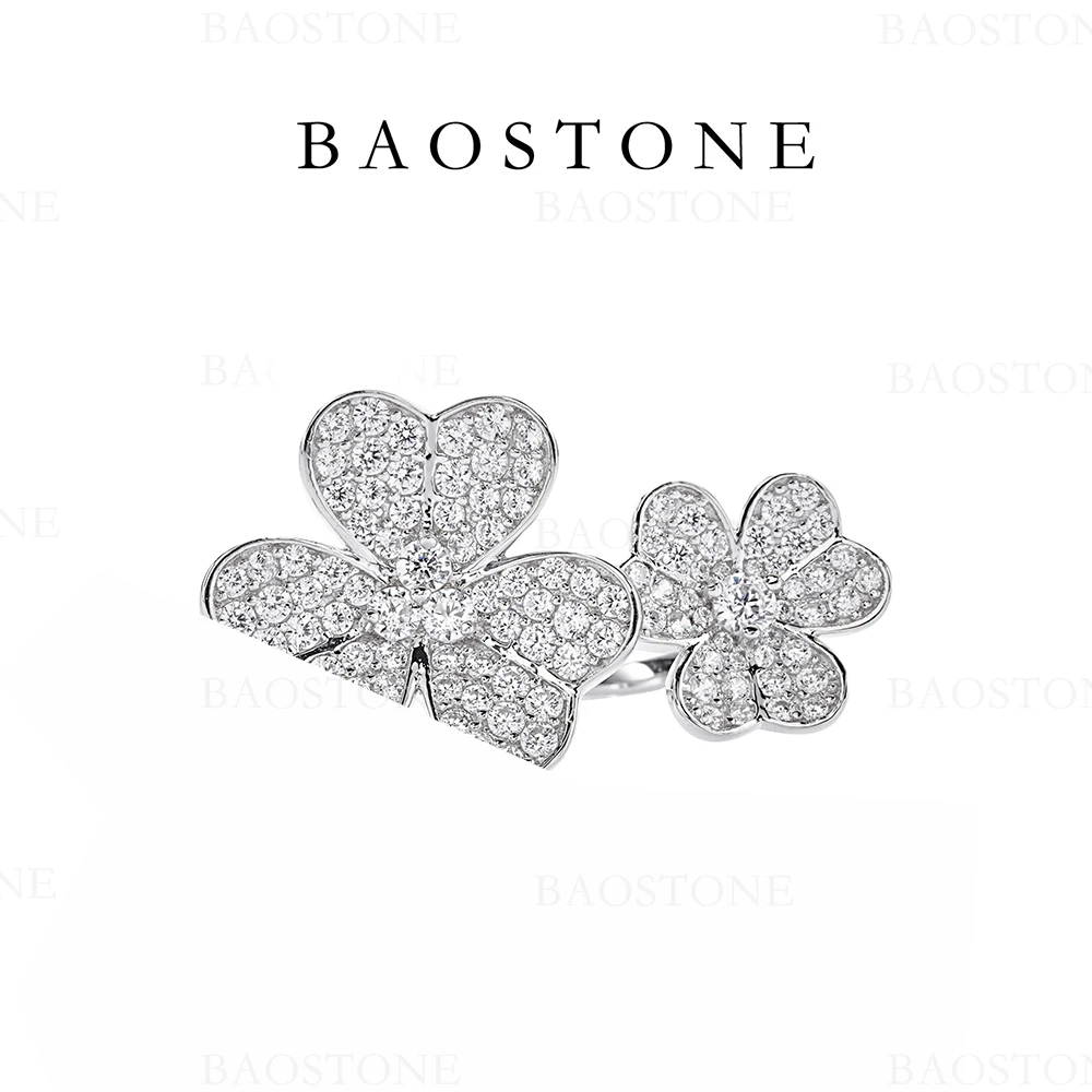 BAOSTONE 925银合成锆石戒指 【三叶草两花戒】戒指气质满钻J300