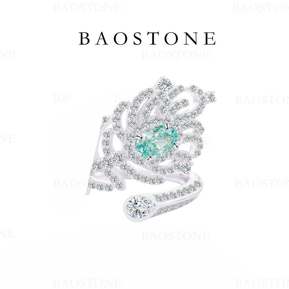 BAOSTONE 925银合成锆石戒指 【开口羽毛戒指】精致满钻银戒J305