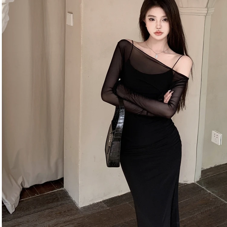 性感吊带连衣裙女夏季御姐风长袖网纱罩裙包臀鱼尾长裙叠穿两件套