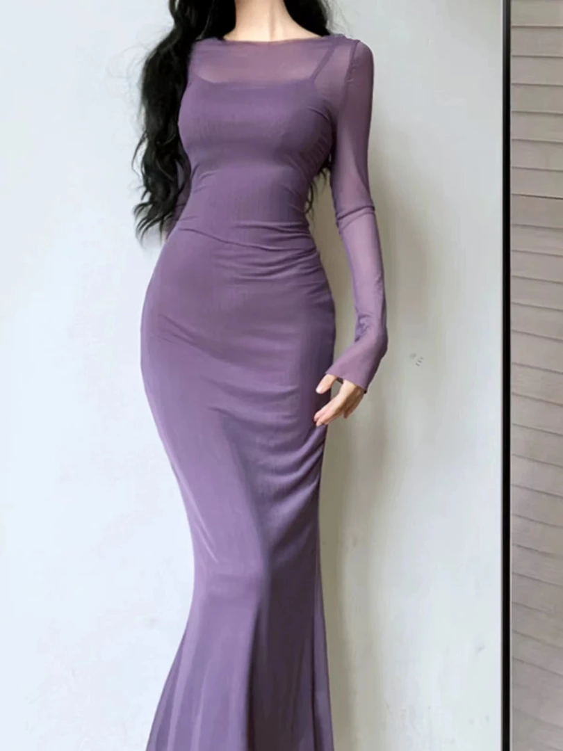 【两件套】性感绝美网纱连衣裙女紫色包臀裙修身吊带裙裙子