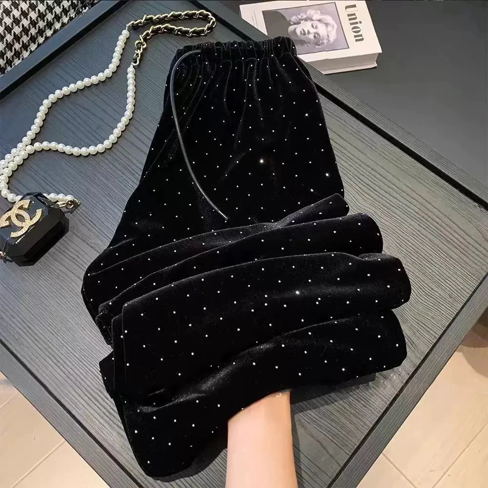 黑色金丝绒满天星烫钻阔腿裤女2024冬款加绒高腰气质垂感直筒长裤