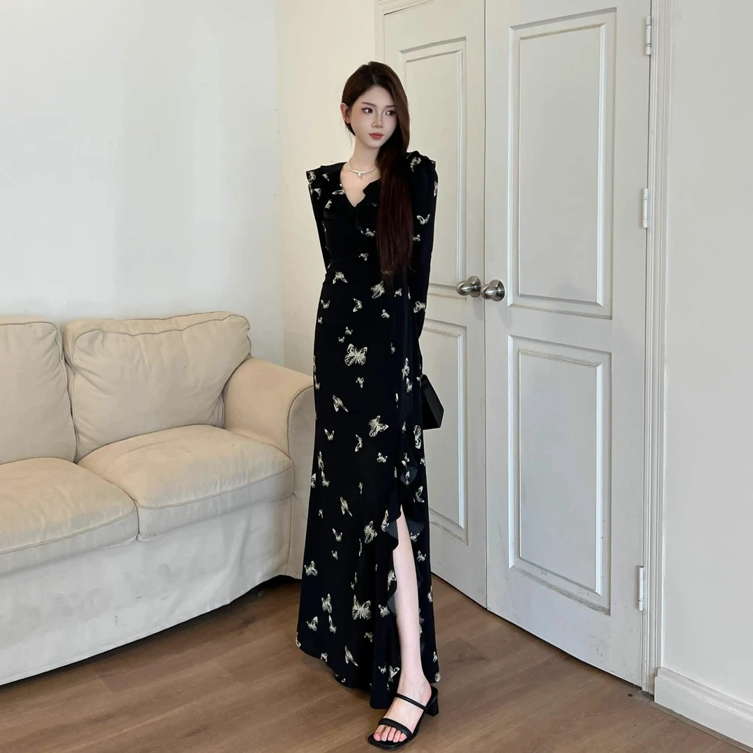 御姐风长袖开叉连衣裙女气质荷叶领百搭显瘦长裙