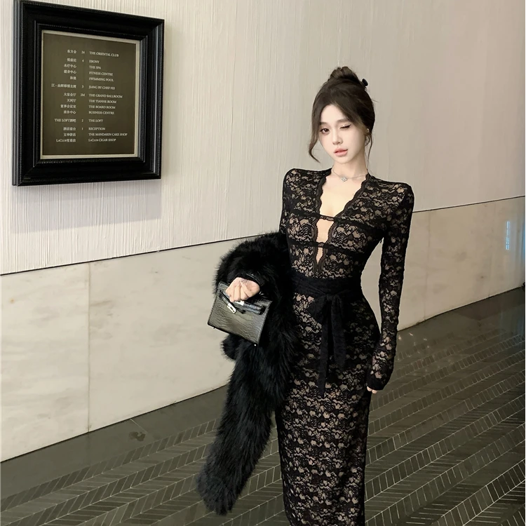 黑色深v领长袖连衣裙女春季修身绑带中长款纯欲收腰显瘦包臀裙子