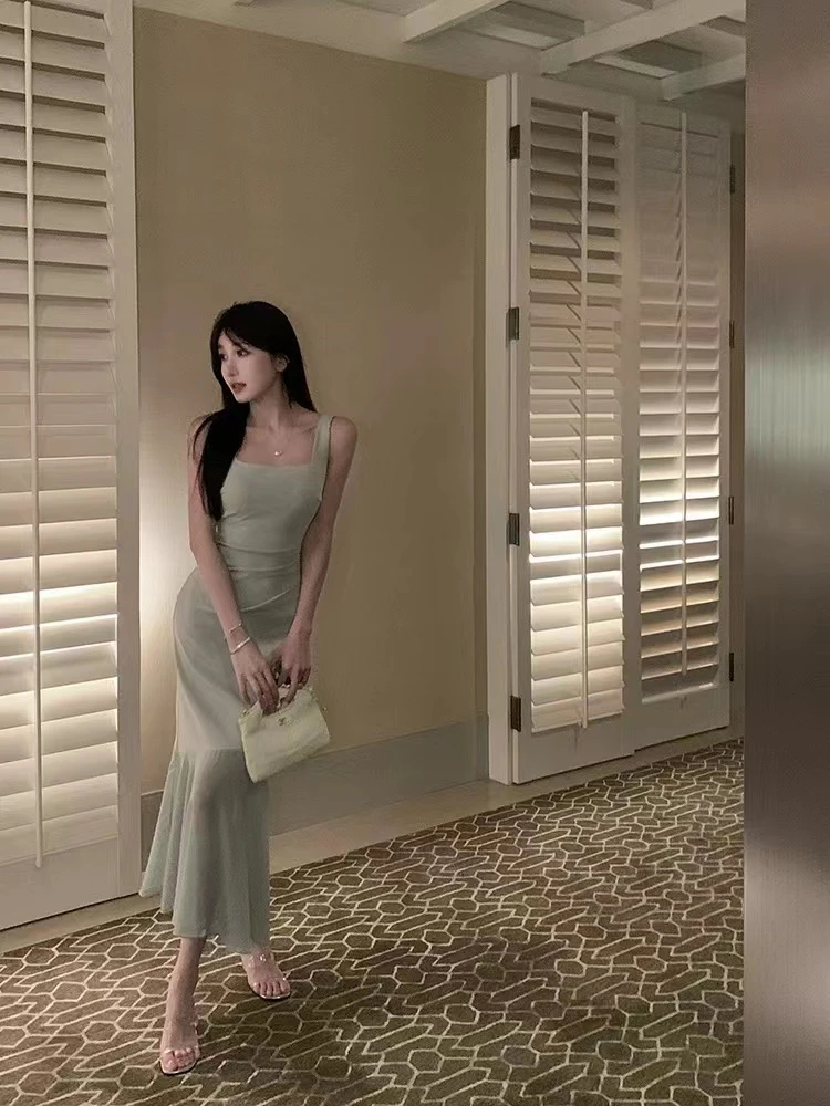 2025年鱼尾长裙拼接吊带连衣裙法式气质性感收腰修身裙子夏季女装