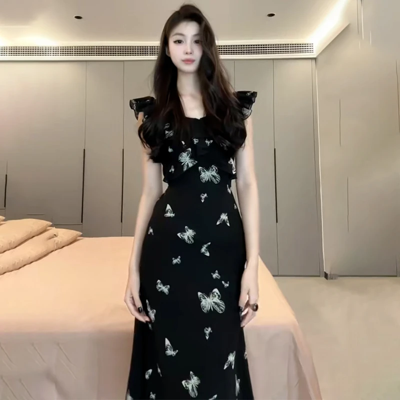 高级感法式小飞袖碎花连衣裙子女装2025新款夏季气质穿搭黑色长裙