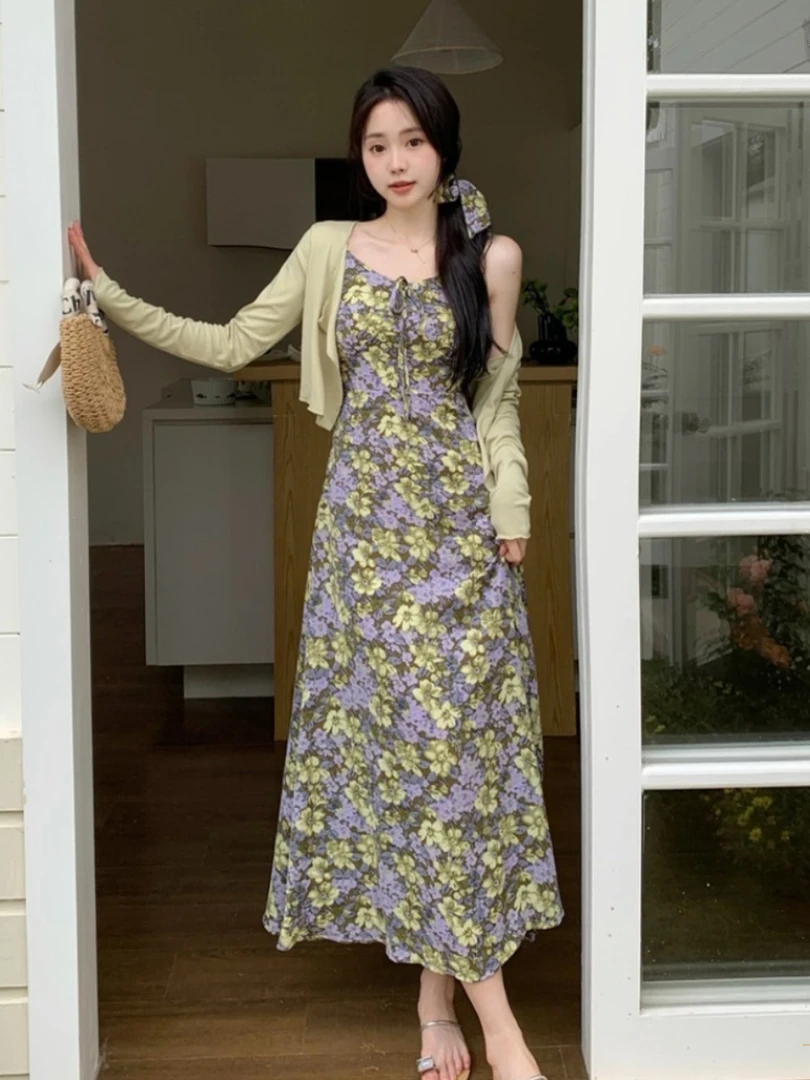 2025法式复古显瘦雪纺碎花连衣裙女气质温柔风夏吊带裙两件套开衫