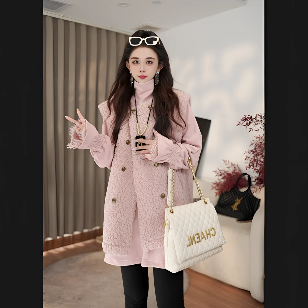 2024秋冬新款卷毛绒韩版重工双排扣加厚圆领马甲女241063