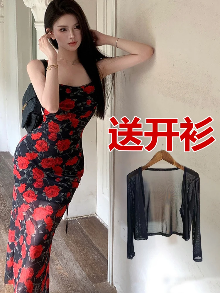 【送开衫】连衣裙女复古玫瑰花朵印花吊带裙法式气质御姐风包臀长裙