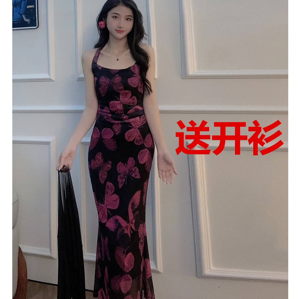 【送开衫】复古蝴蝶印花吊带连衣裙女夏季款高级感气质收腰+开衫