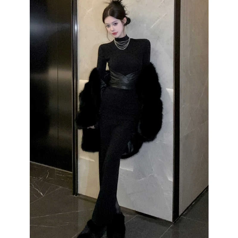 黑色赫本风长袖紧身性感包臀裙拼接收腰连衣裙时尚显身材鱼尾裙女