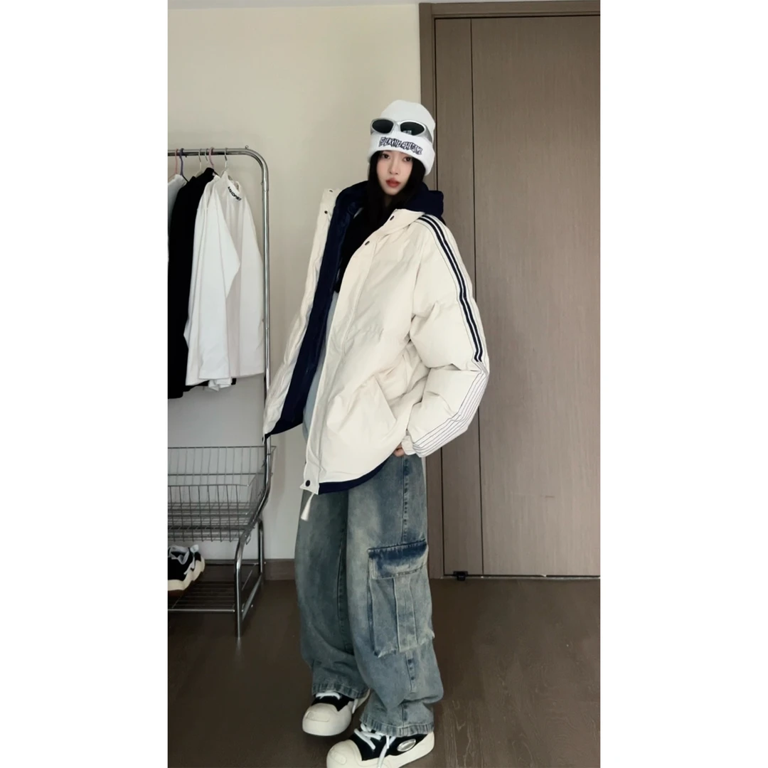 冬季新款美式拼接假两件棉服外套女潮2024冬装情侣爆加厚棉衣袄子