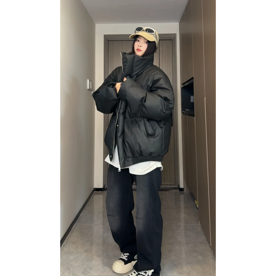 复古哑光高品质短款皮棉服外套男冬季美拉德皮衣立领面包服棉衣