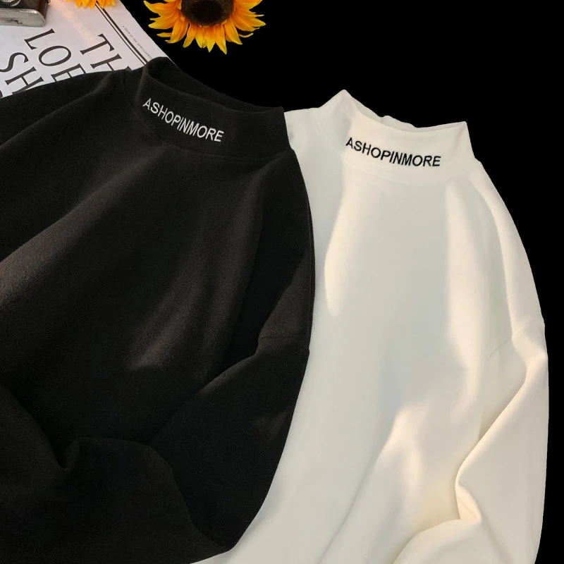 冬季新款德绒打底衫半高领加厚内搭绣花情侣卫衣男女中性穿搭