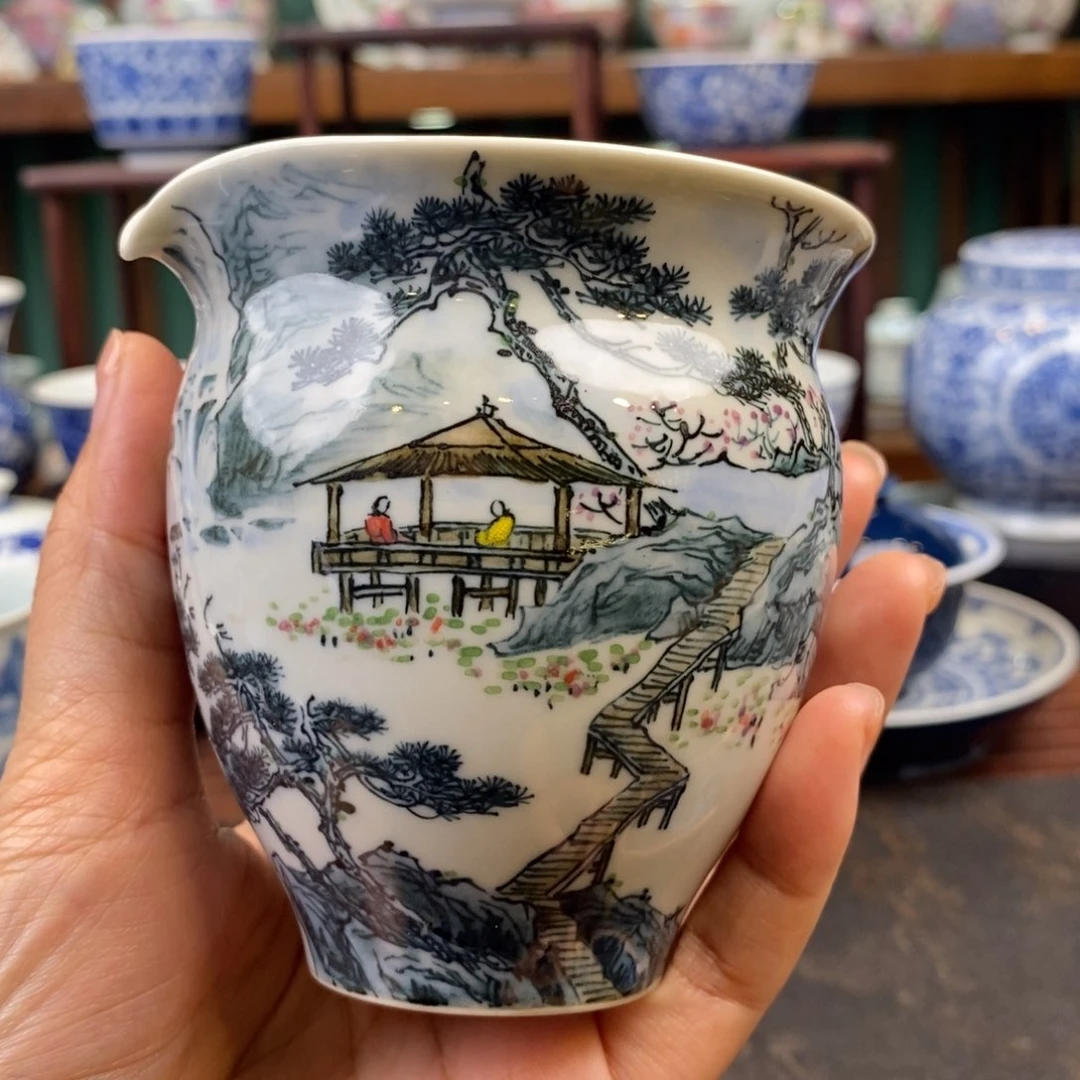 手工陶瓷柴窑五彩山水公道杯 微微瑕