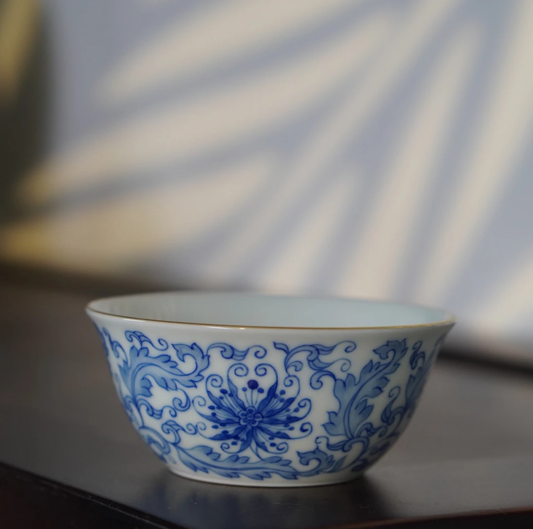 【格格茶器铺】景德镇手工手绘柴窑缠枝凤尾花二才盖碗 大号盖碗