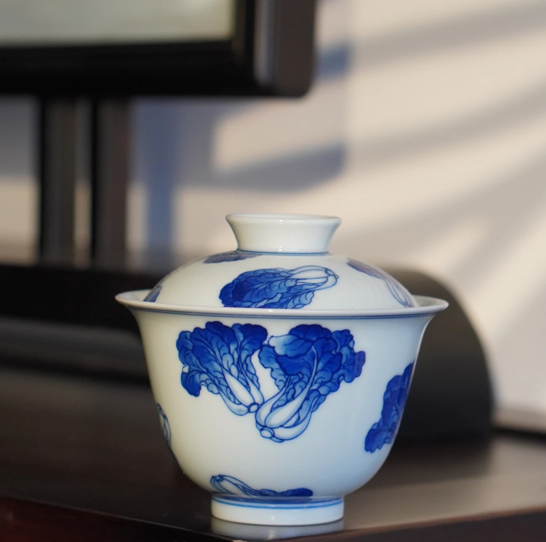 【格格茶器铺】景德镇陶瓷手工手绘青花白菜缠枝盖碗茶具送礼佳品