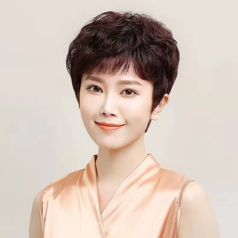 假发女短发短卷发全真发真人发丝中老年妈妈发纹理全头套时尚透气