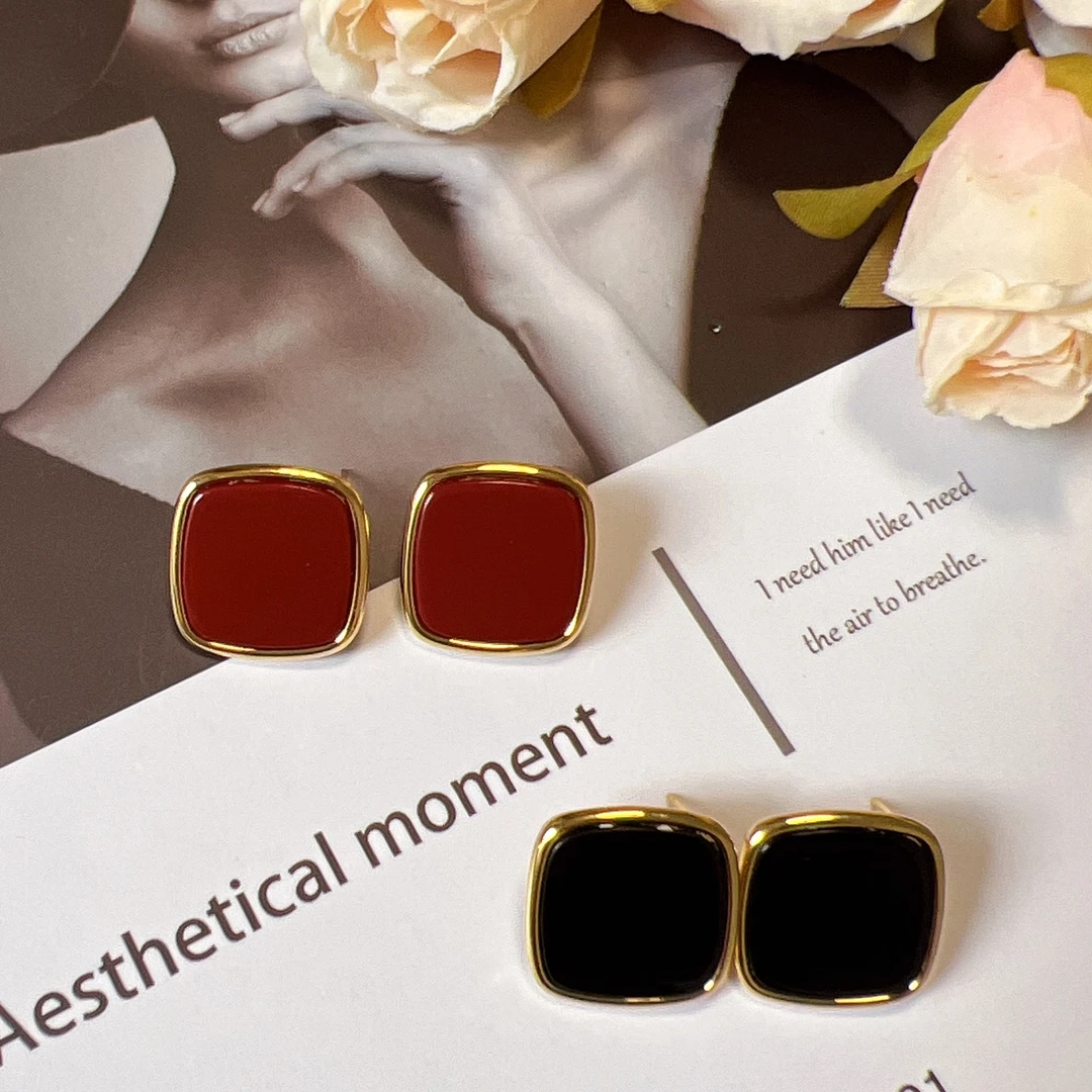 铜合金珐琅耳饰 【漫漫】酒红色方形滴油耳钉 港风气质法式简约耳饰