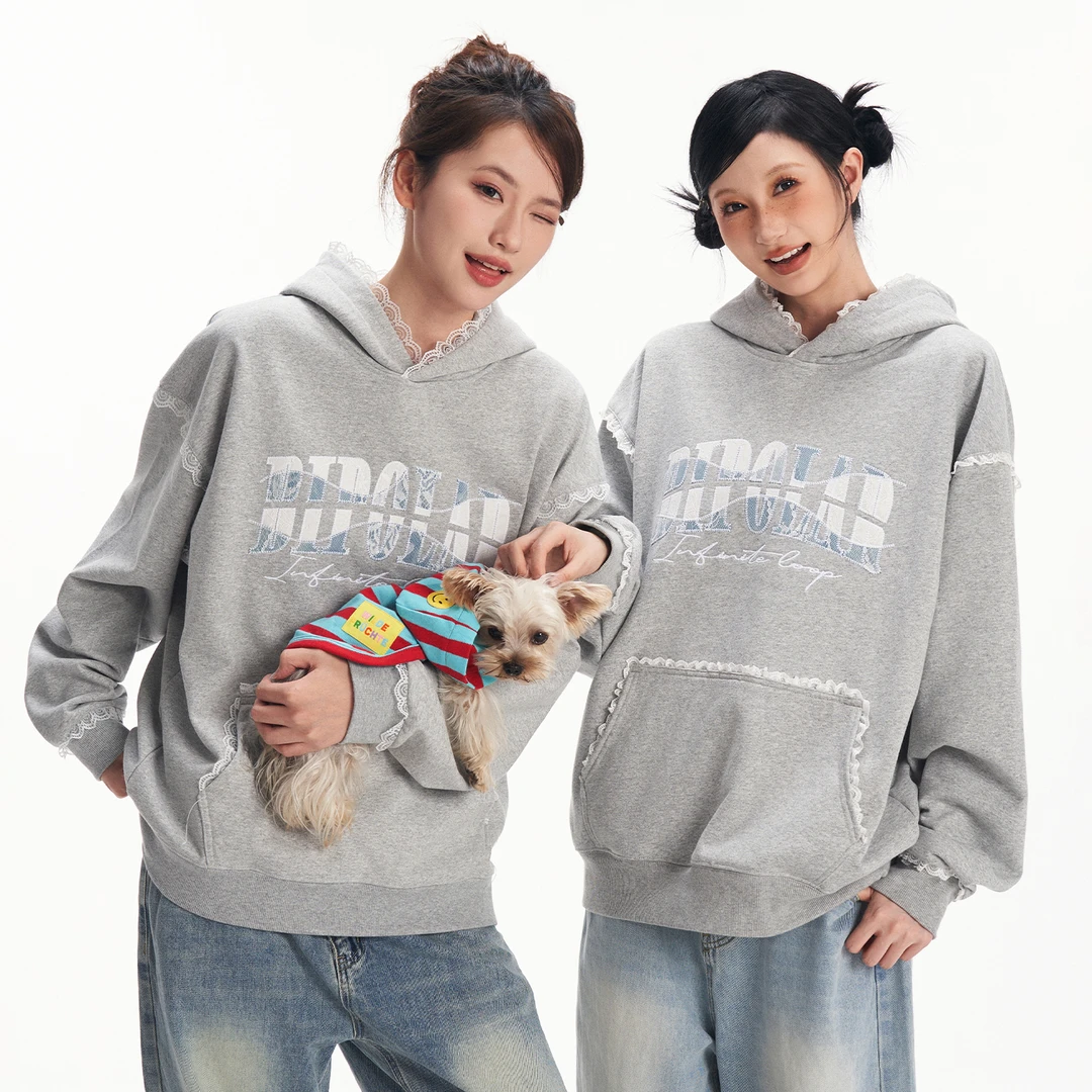 BIPOLAR蕾丝牛仔拼接连帽卫衣   18S062