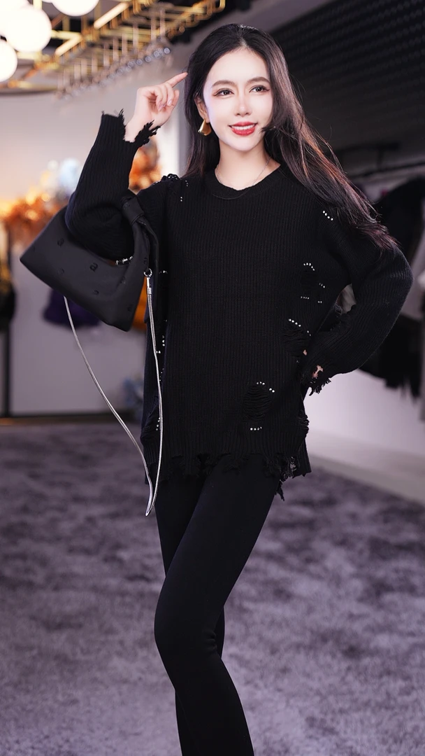 【Yongjia 】设计款烫钻绵羊毛流苏针织毛衣HB-6661789