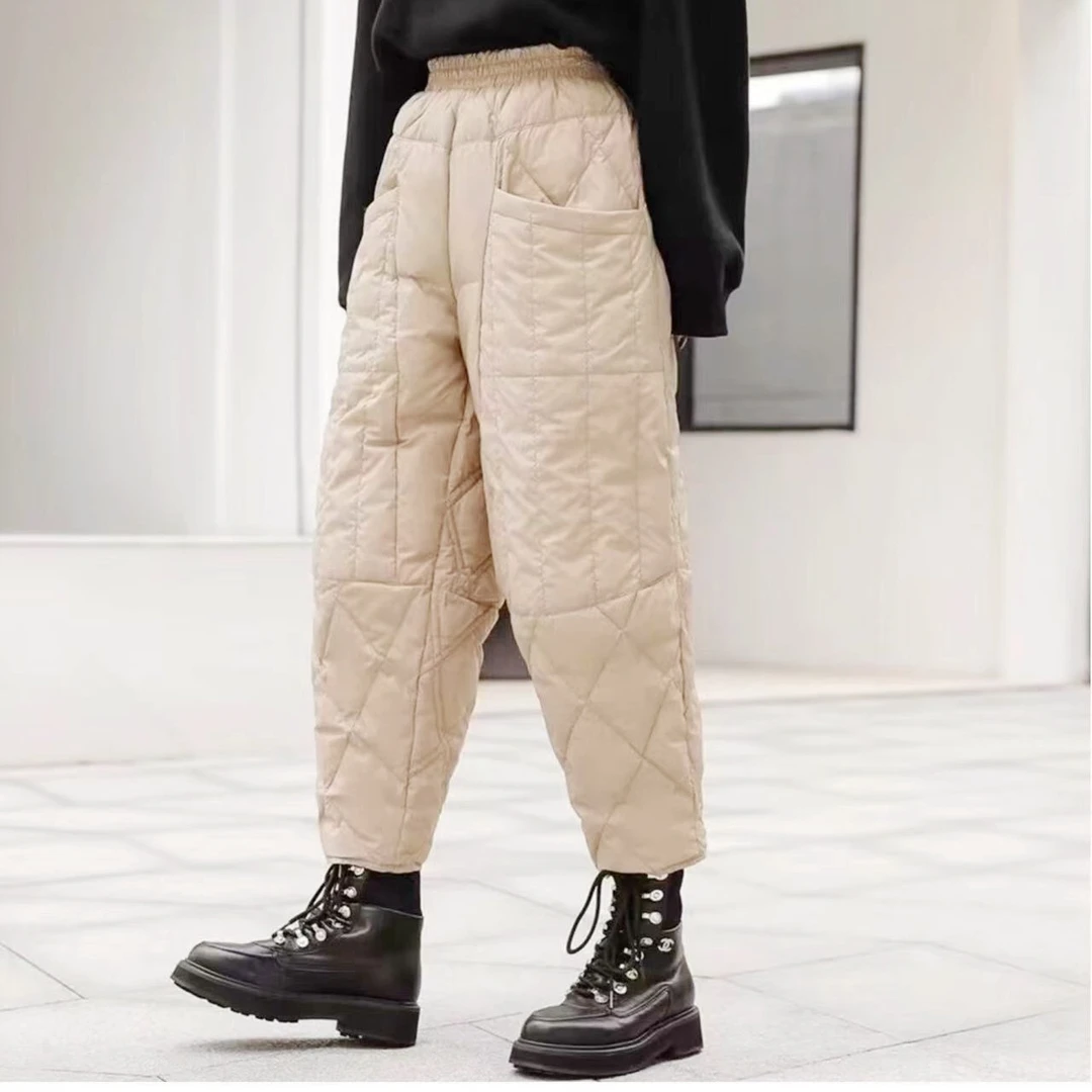 原厂正品 洋气保暖竖格纹 民族风文艺风 纯色保暖 大口袋鸭绒裤