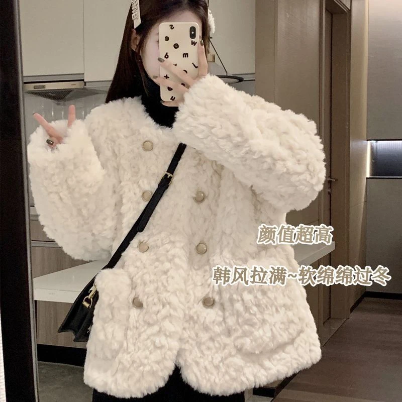 冬季新款福利小香风羊羔毛外套女宽松毛毛上衣棉服短款秋冬毛绒