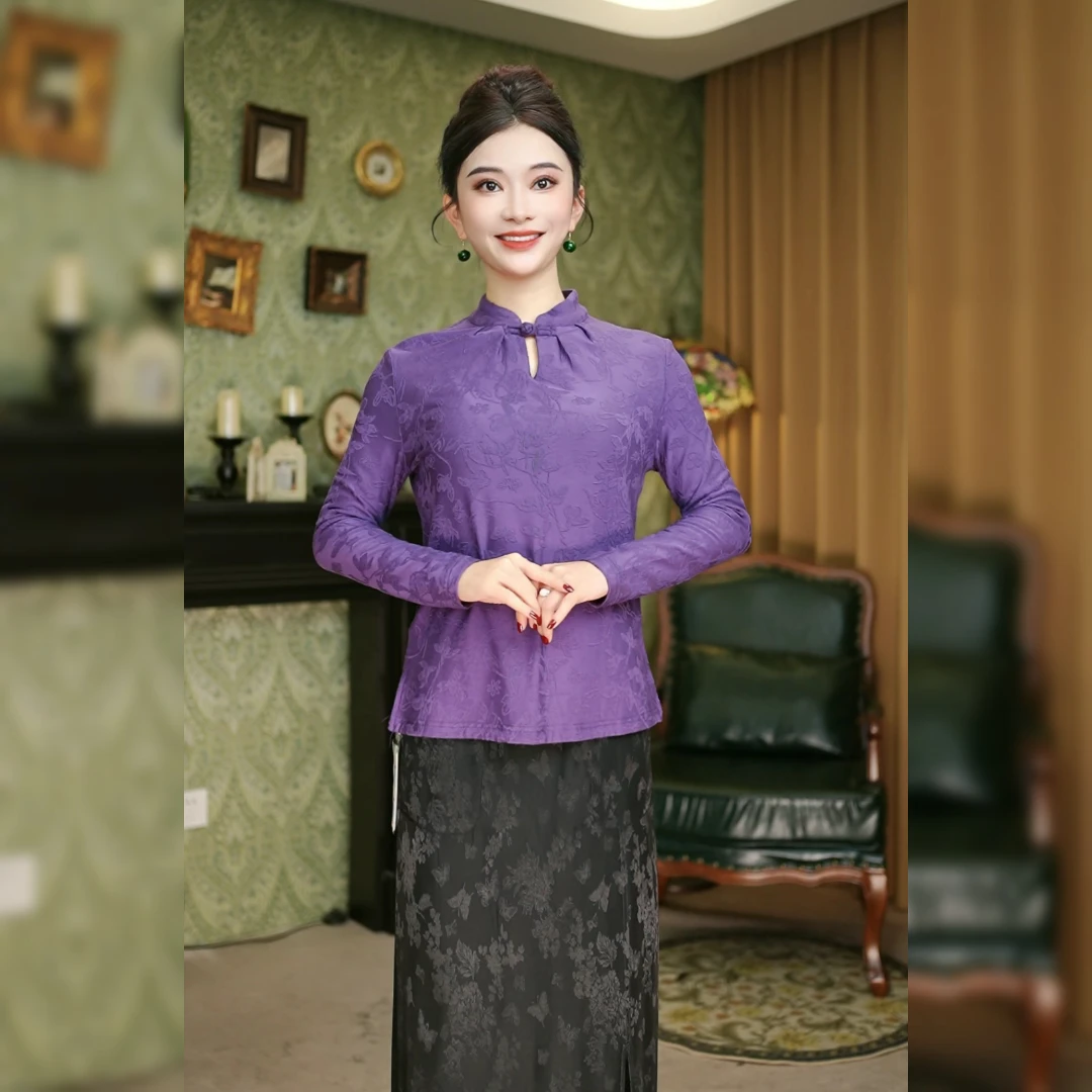 旗袍领盘扣褶皱弹力提花打底衫女保暖长袖T恤DG7101-1