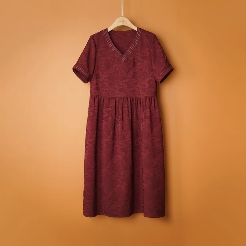 丝意阁原创【花容】复古气质连衣裙暗纹提花宽松V领女装裙子D1228