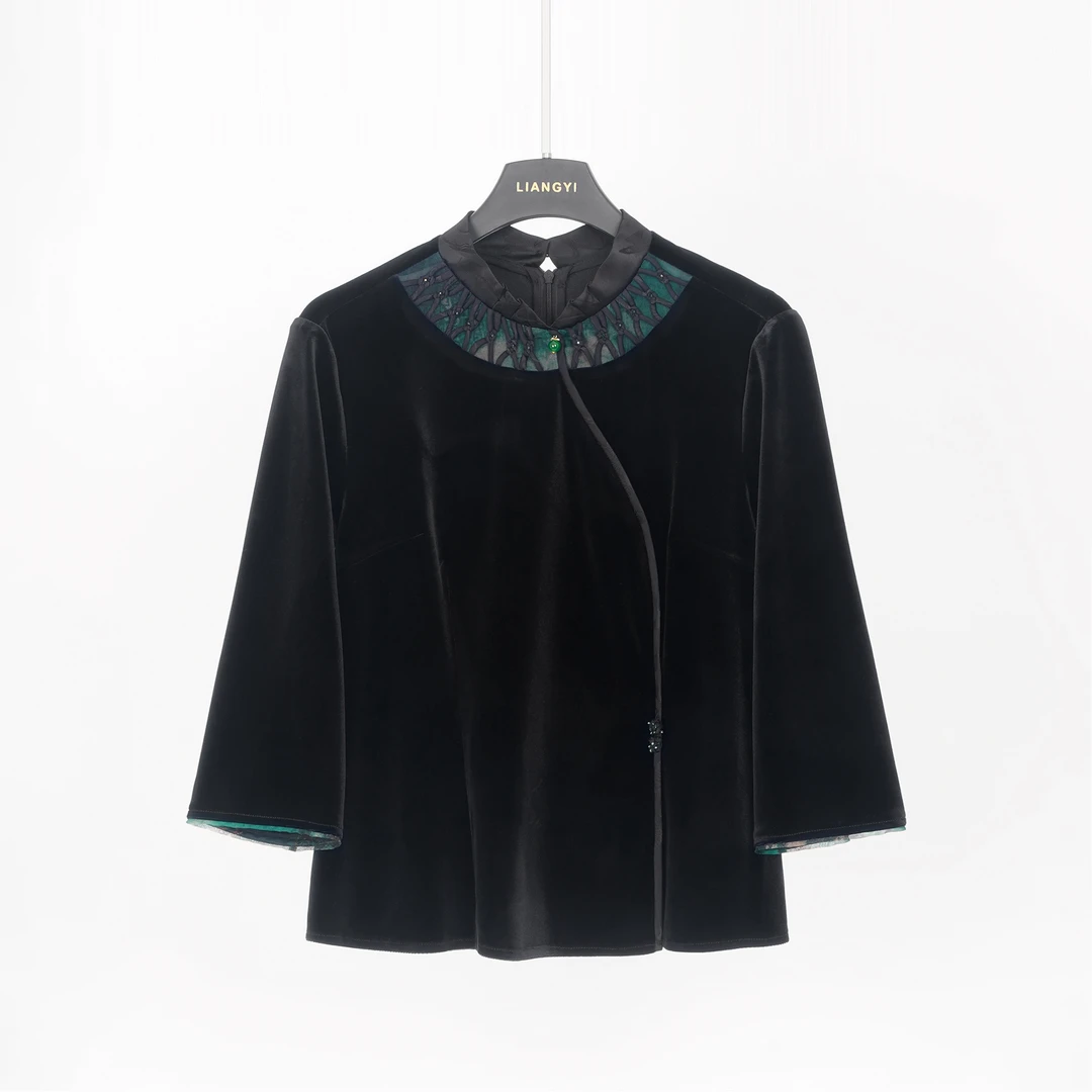 E6626 拼接桑蚕丝黑色丝绒上衣女士秋冬新款国风中式编条领小衫