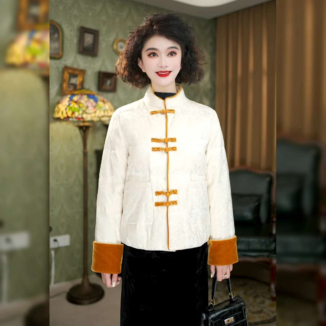 新中式复古提花丝绒盘扣羽绒服新款90白鸭绒外套E6936