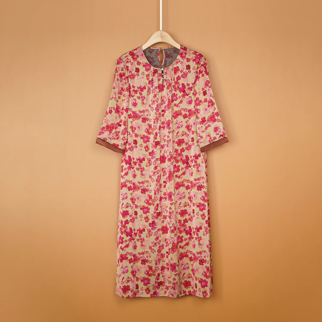 丝意阁原创【秋暝】早秋新款长袖连衣裙洋气圆领中年妈妈裙E6609