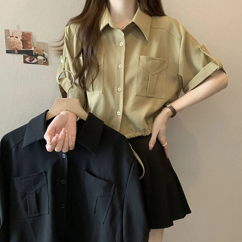 正肩短袖衬衫女夏季设计感小众2024新款大码短款胖妹妹显瘦上衣