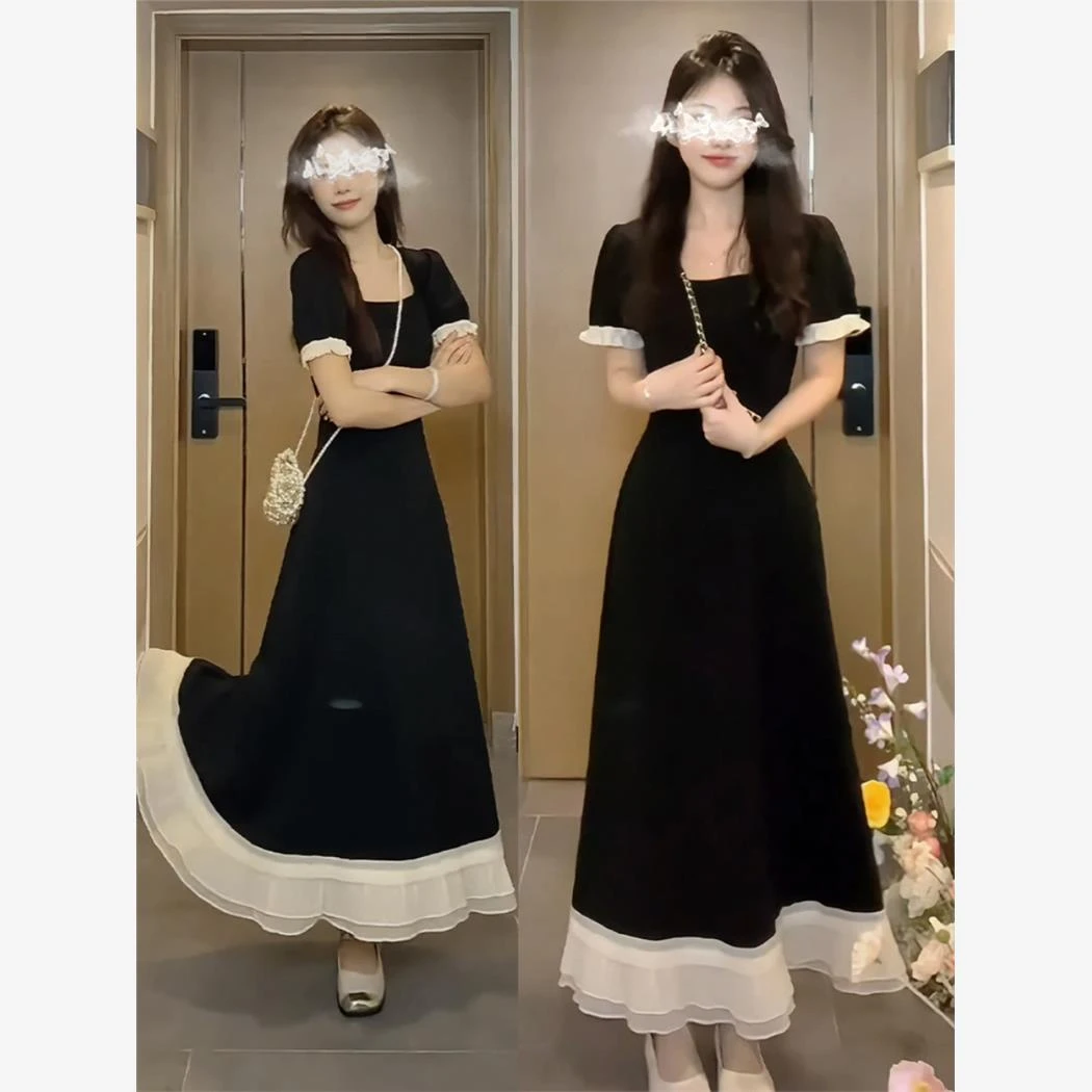 大码胖mm法式复古赫本风小黑裙设计感小众撞色拼接超好看连衣裙女