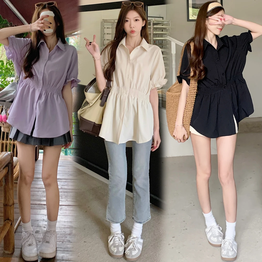大码胖mm2024新款时尚收腰显瘦遮肚洋气衬衫女夏季设计感短袖上衣