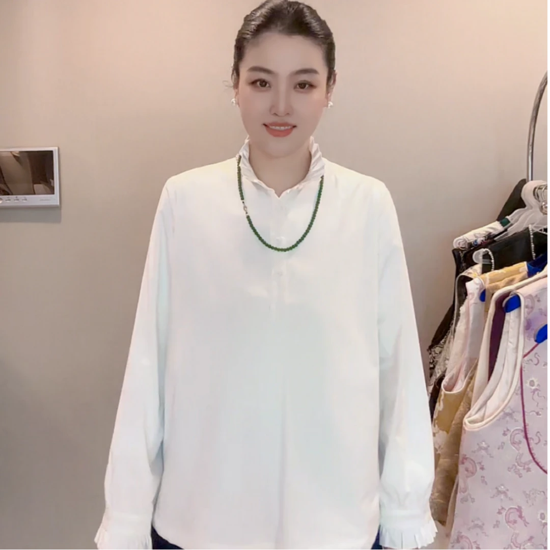 FF 3751｛若•白｝重工串珠工艺花边设计双层加厚秋冬新款厚衬衫