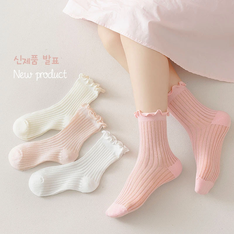 【夏上新】春款儿童袜子薄款花边女童春夏网眼童袜儿童中筒袜