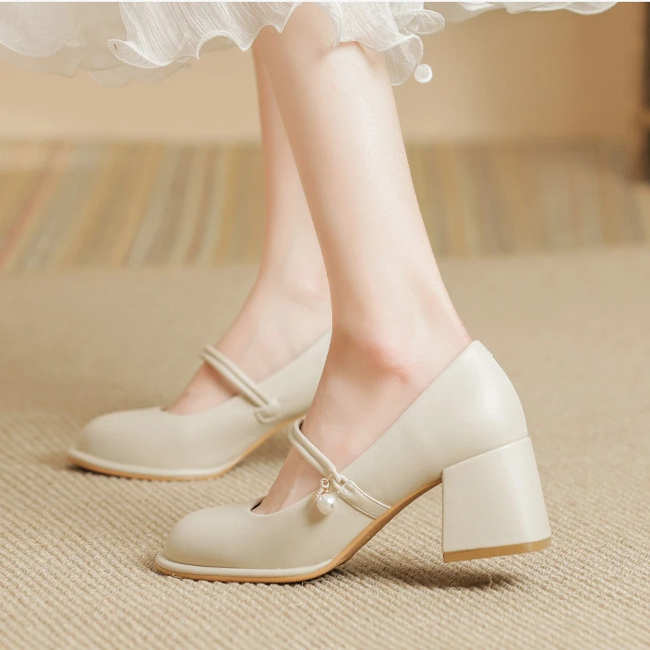 玛丽珍鞋女2024年秋季新款仙女晚风一字带粗跟高跟鞋白色百搭