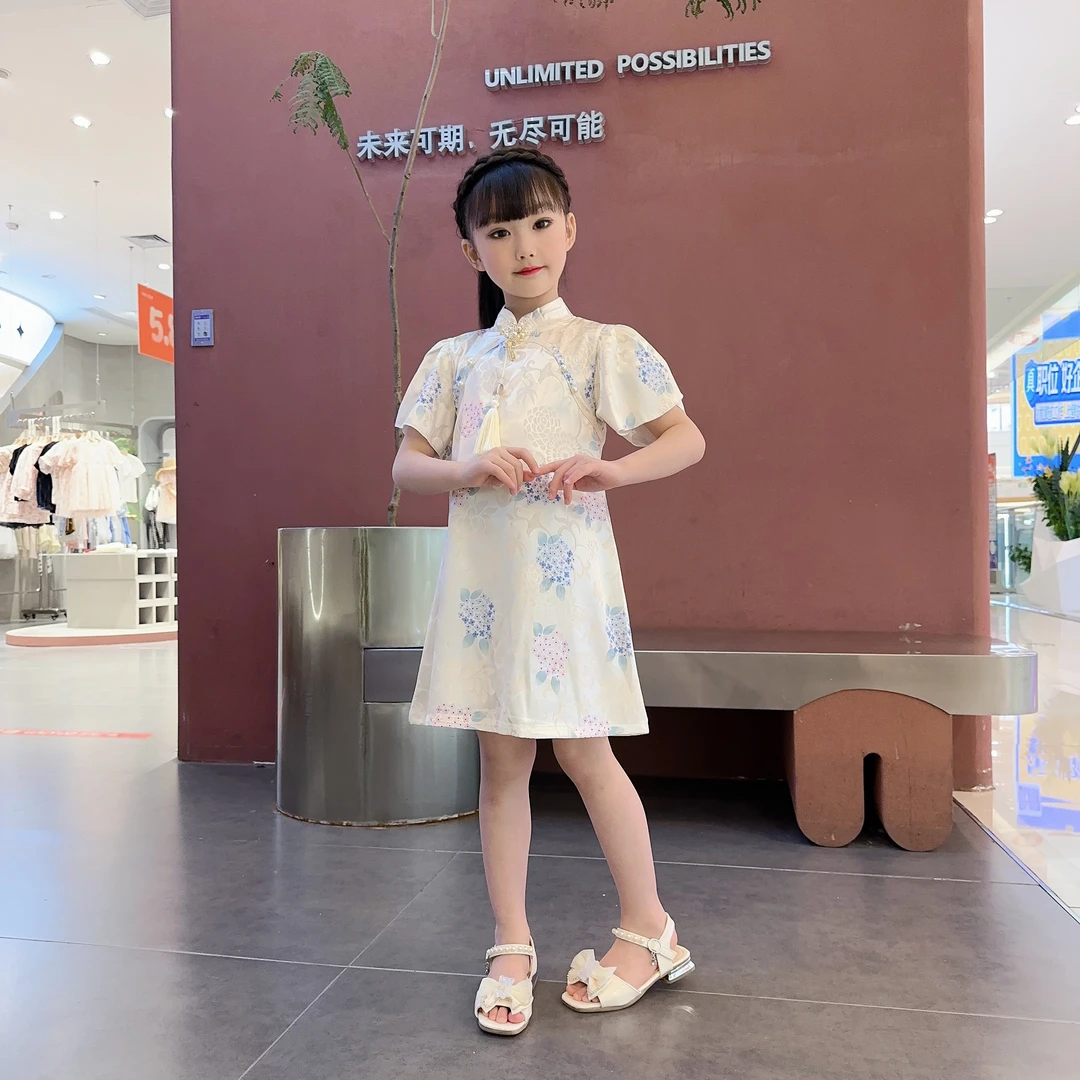 夏季女童中国风泡泡袖汉服宽松卡通洋气碎花裙汉服女孩薄款小女孩